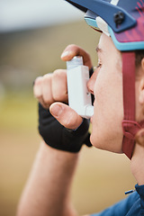 Image showing Asthma, inhaler and cyclist with medical and breathing medicine for fitness and training. Outdoor, lung support and bicycle athlete with exercise and breathe pump for wellness and sport health