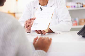 Image showing Doctor, hands and patient at pharmacy for medication prescription, drugs or consultation at store. Medical or healthcare professional consulting client on dosage for pharmaceutical product at clinic