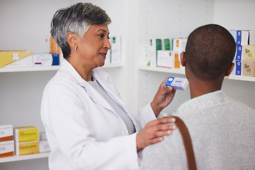 Image showing Woman, pharmacist and helping customer with medicine info, healthcare services and product advice. Pharmacy, consulting and medical support in retail store, pharmaceutical shop or drugstore for pills