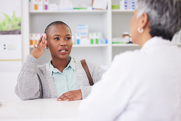 Image showing Black woman, patient and doctor at pharmacy for consultation, checkup or advice at store. African female person talking to medical or healthcare professional for pharmaceutical cure or drug at clinic