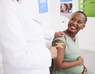 Image showing Healthcare, vaccine and pregnant woman with doctor and support, covid safety and consulting. Happy, hospital and an African patient with nurse after vaccination during pregnancy for virus security