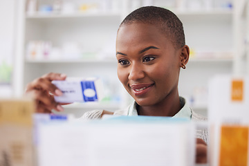 Image showing Medicine, pills and shopping with black woman in pharmacy for medical, search and information. Healthcare, product and retail with female customer and box for inventory, wellness and supplements