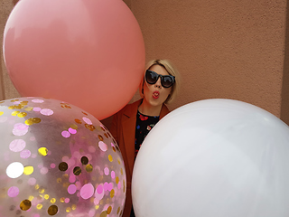 Image showing Young fashion happy blonde woman with baloons ,fashion photo, instagram filter