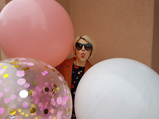 Image showing Young fashion happy blonde woman with baloons ,fashion photo, instagram filter