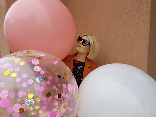 Image showing Young fashion happy blonde woman with baloons ,fashion photo, instagram filter