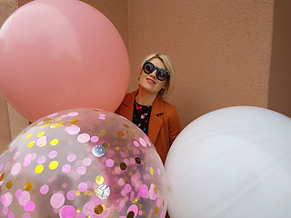 Image showing Young fashion happy blonde woman with baloons ,fashion photo, instagram filter