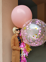 Image showing Young fashion happy blonde woman with baloons ,fashion photo, instagram filter