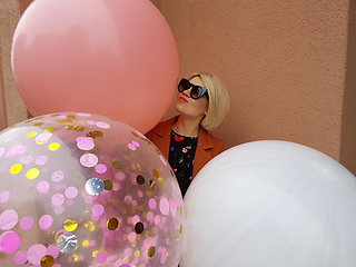 Image showing Young fashion happy blonde woman with baloons ,fashion photo, instagram filter