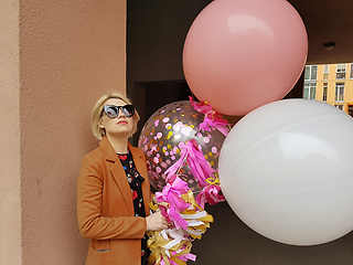 Image showing Young fashion happy blonde woman with baloons ,fashion photo, instagram filter