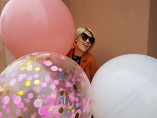 Image showing Young fashion happy blonde woman with baloons ,fashion photo, instagram filter