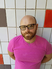 Image showing Bald man in eyeglasses with ugly teeth