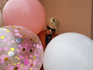 Image showing Young fashion happy blonde woman with baloons ,fashion photo, instagram filter