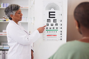 Image showing Eyesight test, optometry and vision, eye care and health with chart, senior woman doctor and patient. Ophthalmology, focus and healthcare, female people in optometrist clinic and medical diagnosis