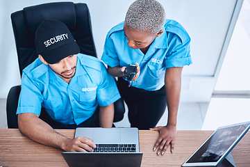 Image showing Security guard, laptop and police team watching surveillance footage of emergency or investigation. Protection, safety and officer talking in a law enforcement service office for crime in top view