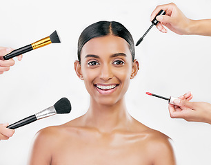 Image showing Portrait, beauty and woman with makeup, brushes or organic facial on a white studio background. Face, female person or model with cosmetics tool, self care or wellness with natural skincare or luxury