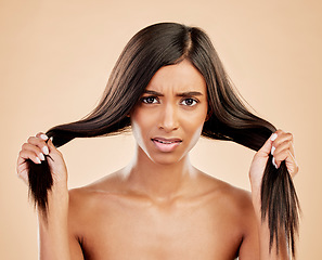 Image showing Hair, damage and portrait of woman in stress on studio background for dry texture, aesthetic beauty and cosmetics problem. Face, frustrated indian female model or anxiety for hairstyle with split end