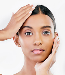 Image showing Skin, beauty and woman portrait with hands on face for natural glow isolated on a white background. Dermatology, makeup and cosmetics with Indian person for facial zoom, shine and self care in studio