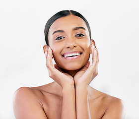 Image showing Beauty, skin and face portrait of a happy woman with natural glow isolated on a white background. Dermatology, makeup and cosmetics of Indian female model for facial shine or self care in studio