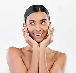 Image showing Face, thinking and a woman with natural beauty, skin or glow isolated on a white background. Dermatology, makeup and cosmetics of Indian female model for facial shine, wellness or self care in studio