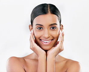 Image showing Skin, beauty and face portrait of happy woman with natural glow isolated on a white background. Dermatology, makeup and cosmetics of Indian female model for facial shine, smile or self care in studio