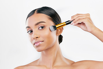 Image showing Portrait, beauty and woman with makeup, brush and skincare against a white studio background. Face, female person or model with cosmetics tool, wellness and luxury with organic facial and dermatology
