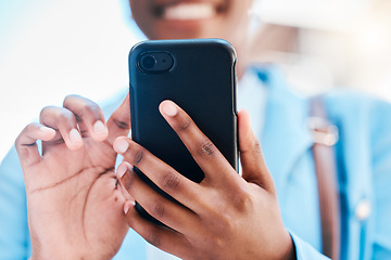 Image showing Closeup, hands and woman with a cellphone, typing and internet connection with social media, network and chatting. Female person, entrepreneur and smartphone with website information and mobile app