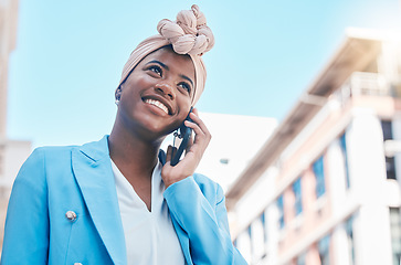 Image showing Smile, phone call and black woman in city for business communication with contact. African professional, happy and smartphone for conversation, discussion or talking, listening or mobile chat outdoor