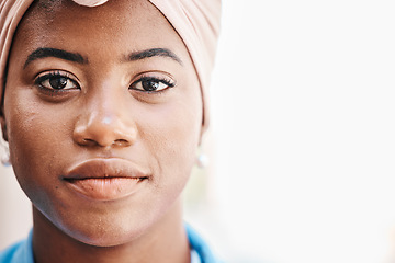 Image showing Black business woman, portrait and space in closeup for mockup, pride and confident for job as legal advisor. African lady, corporate law expert and face with zoom, fashion and beauty for career