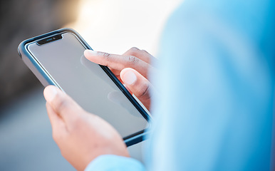 Image showing Closeup, screen and woman with a smartphone, typing and internet connection with social media, chatting or text. Female person, consultant or cellphone with communication, sms or website information