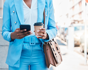 Image showing Closeup, outdoor and woman with a smartphone, business and internet connection with social media, network and typing. Female person, consultant and cellphone with communication, city and website info