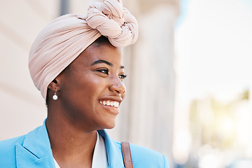 Image showing Thinking, happy and a black woman in the city for work, business vision and ideas in the morning. Professional, urban and an African girl or corporate worker with a smile for a career or job