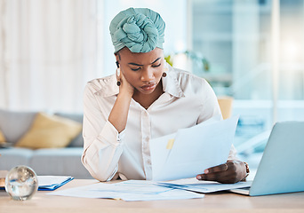 Image showing Reading, serious and black woman with accounting paperwork, company budget and tax work. Confused, freelance and remote African corporate accountant with documents for financial or investment report