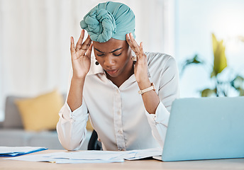 Image showing Tax stress, paperwork and a black woman with a headache from a finance audit or accounting problem. Tired, business and an African corporate employee with anxiety about company financial budget