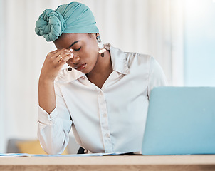 Image showing Business, burnout and black woman with a headache, stress and employee overworked, depression and fatigue. Female person, consultant and agent with a migraine, laptop and tired with pain and anxiety