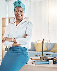 Image showing Legal pride, portrait and a black woman with arms crossed at work for professional job as a lawyer. Happy, business and an African employee or justice worker with confidence and career empowerment