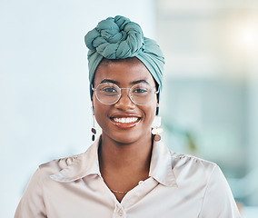 Image showing Happy, smile and business with portrait of black woman in office for lawyer, advocate and professional. Corporate, pride and legal with female person in workplace for attorney, justice and mindset