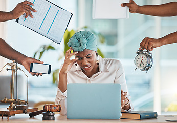 Image showing Frustrated, busy and a black woman with hands and laptop for business, team chaos and stress. Anger, meeting and an African employee with anxiety about an email and problem from workers about project