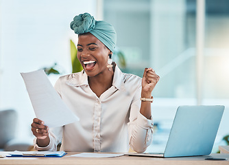 Image showing Laptop, documents and wow with a business black woman in celebration while reading her promotion contract. Success, motivation and paper with a young female employee cheering as a winner in an office