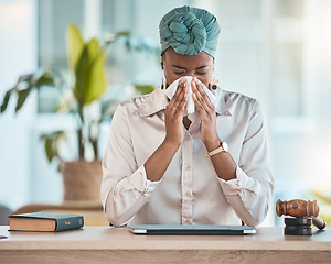 Image showing Workplace, blowing nose or sick black woman with tissue, flu or worker with health problems or illness in office. Lady, sneezing or businesswoman with toilet paper, allergy virus or fever disease