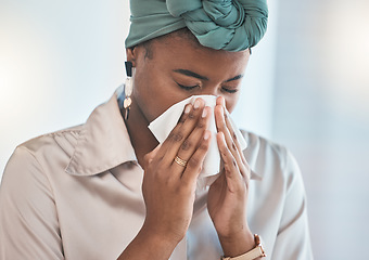 Image showing Office, blowing nose or sick black woman with tissue, flu or worker with health problems or illness in workplace. Lady, sneezing or businesswoman with toilet paper, allergy virus or fever disease