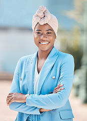 Image showing Corporate pride, portrait and a black woman with arms crossed for city business or work. Smile, professional and an African employee or girl with confidence and happiness about professional career