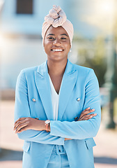 Image showing City pride, portrait and a black woman with arms crossed for business or corporate work. Smile, professional and an African employee or girl with confidence and happiness about professional career