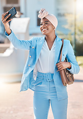 Image showing Black business woman, selfie and smile in street with fashion, beauty and post for social network app. Happy African entrepreneur, photography and profile picture for web blog with suit in metro cbd