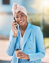 Image showing Portrait, phone call and black woman with coffee in city for communication with business contact. African professional, face and smile with smartphone for conversation, discussion or talking outdoor.