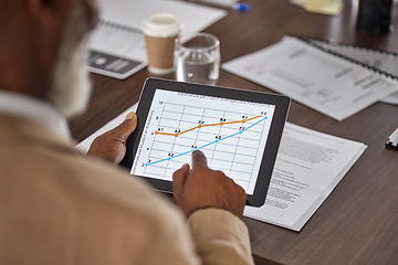 Image showing Hand of man in meeting with tablet, charts and graphs, stats for sales report, data and information in office. Business growth, online statistics or performance review, analytics in profit research.