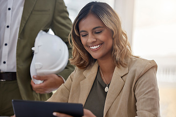 Image showing Architecture, tablet and planning with woman in office for engineering, design and technology. Construction, checklist and building with employee and research for development, and project management