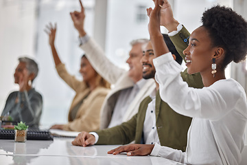 Image showing Meeting, workshop and questions with business people hands raised in the boardroom during a strategy session. Planning, seminar and a group of colleagues or employees volunteering to answer at work