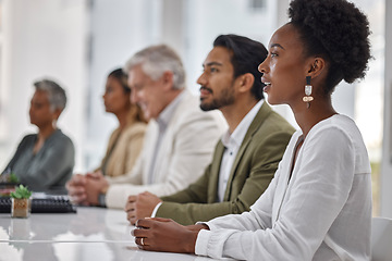 Image showing Diversity, corporate and black woman in a meeting or business conference for company development or growth. Listening, workshop and group or row of employees in training presentation for teamwork