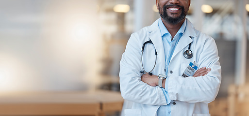 Image showing Healthcare, professional and proud with black man at hospital with leader or vision for success. Surgeon, worker and doctor with service in medicine or cardiologist in management with lab coat.