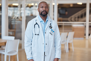 Image showing Portrait, black man and serious doctor in hospital for healthcare. African medical professional, face and surgeon, worker or confident employee from Nigeria for wellness, insurance and health service